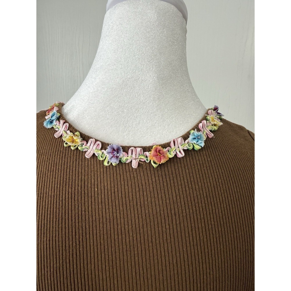 Celle Brown Ribbed Halter Tank Babydoll Floral Trim Detail NWT Medium Fairycore - Picture 6 of 9